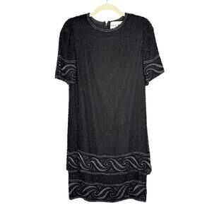 Vintage Camille Marie Black Beaded Wave Tiered Silk Short Sleeve Dress Sz Small